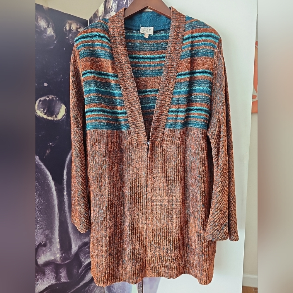 ZONDA NELLIS Vintage Teal Brown Gold Cotton Blend Knit 1 Button‎ Long Cardigan
